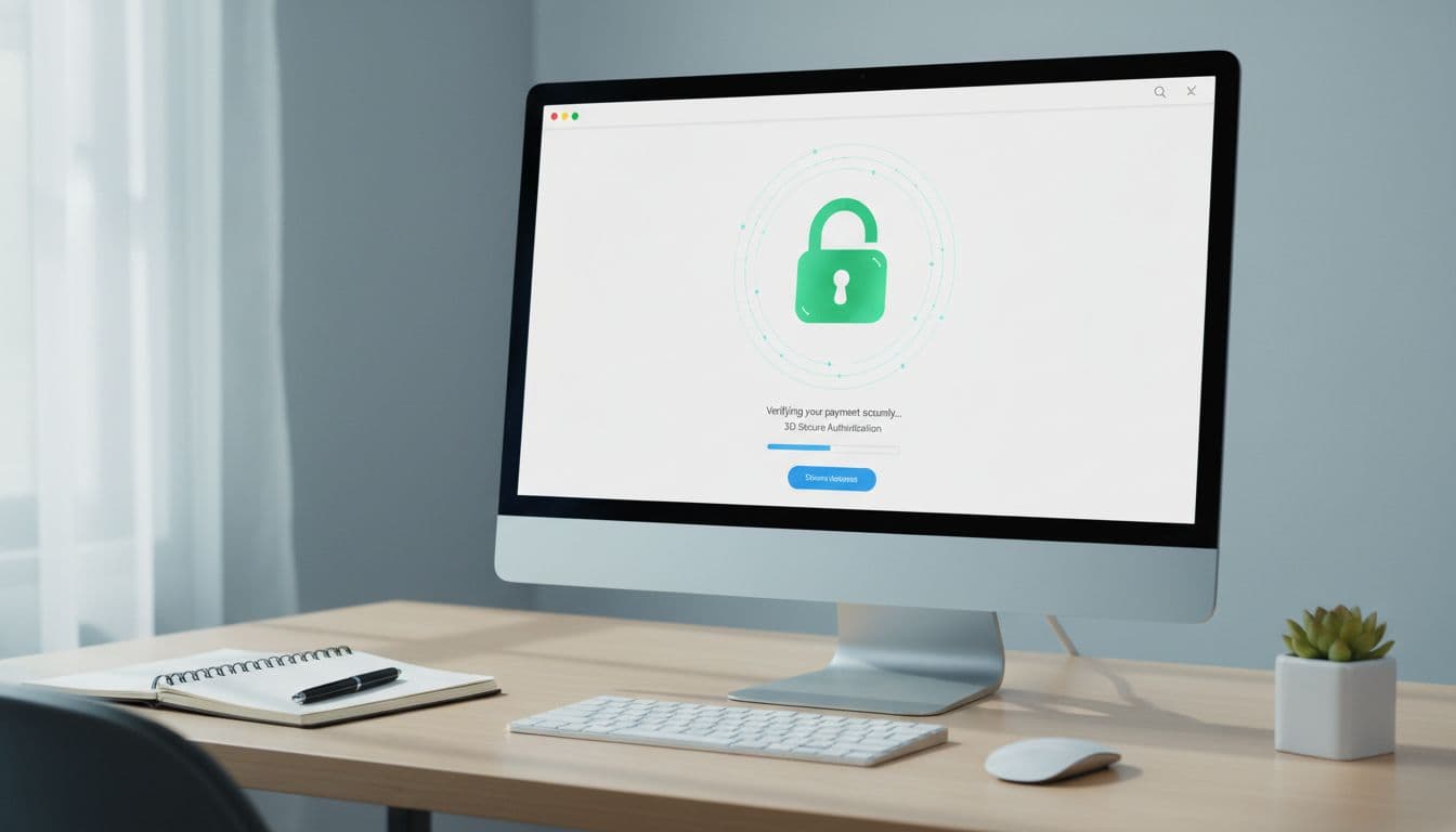 Realistic photograph of ecommerce checkout interface on desktop computer at 3D Secure verification step, featuring prominent secure padlock symbol, modern clean design on office desk with notebook and plant, soft natural lighting, screen at slight angle.