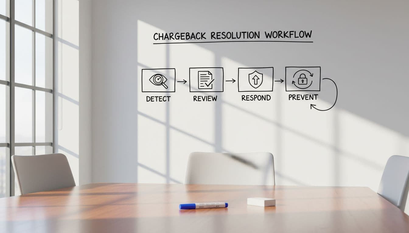 Visual flowchart on a whiteboard in a bright conference room depicting chargeback steps from detection to prevention: detect, review, respond, prevent, with simple icons and professional clean lines.
