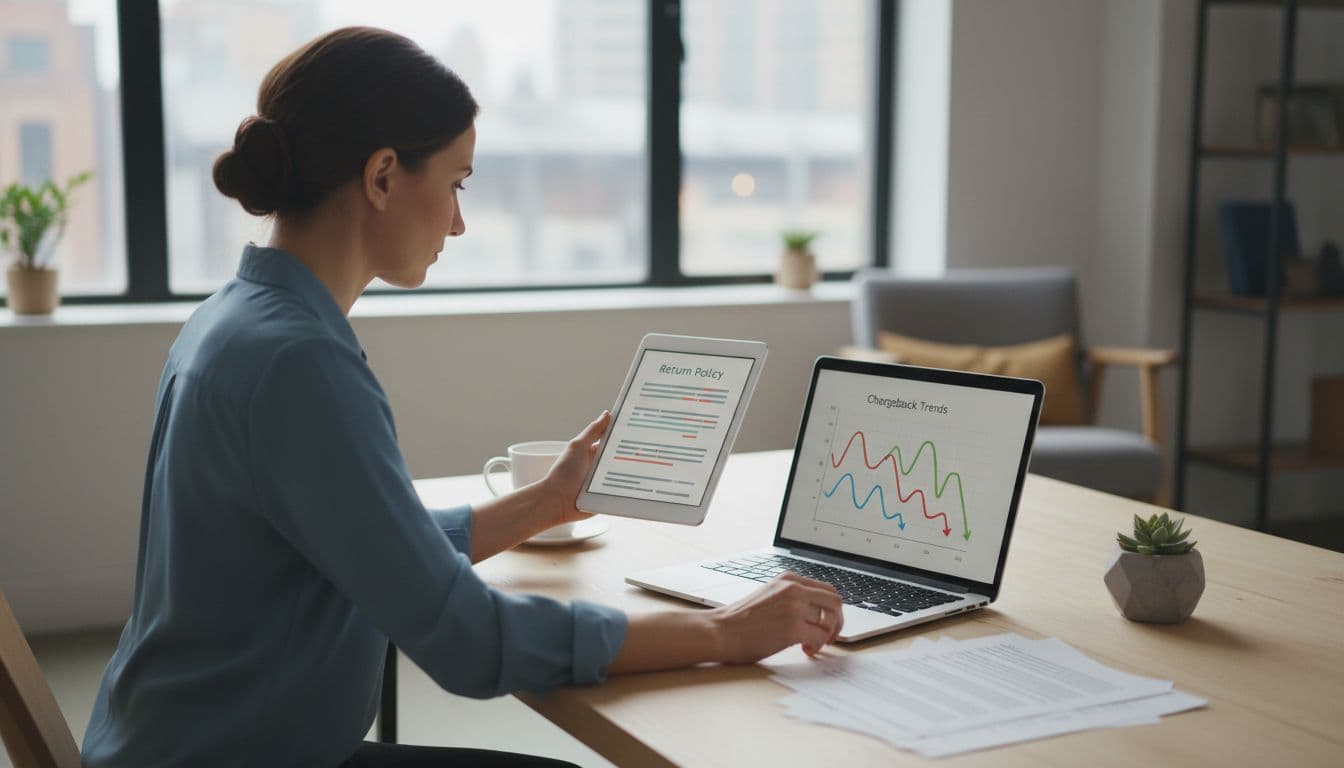 Ecommerce store owner in modern workspace reviews return policy on tablet beside laptop showing declining chargeback chart, organized desk with coffee and plant, realistic photo.