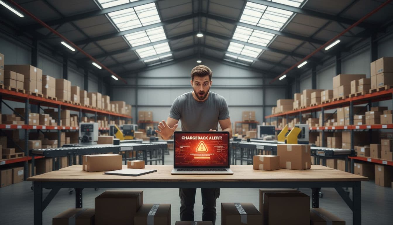 A surprised worker in a modern e-commerce warehouse checks a laptop displaying a real-time chargeback alert notification surrounded by shipping boxes, photorealistic style with natural daylight.