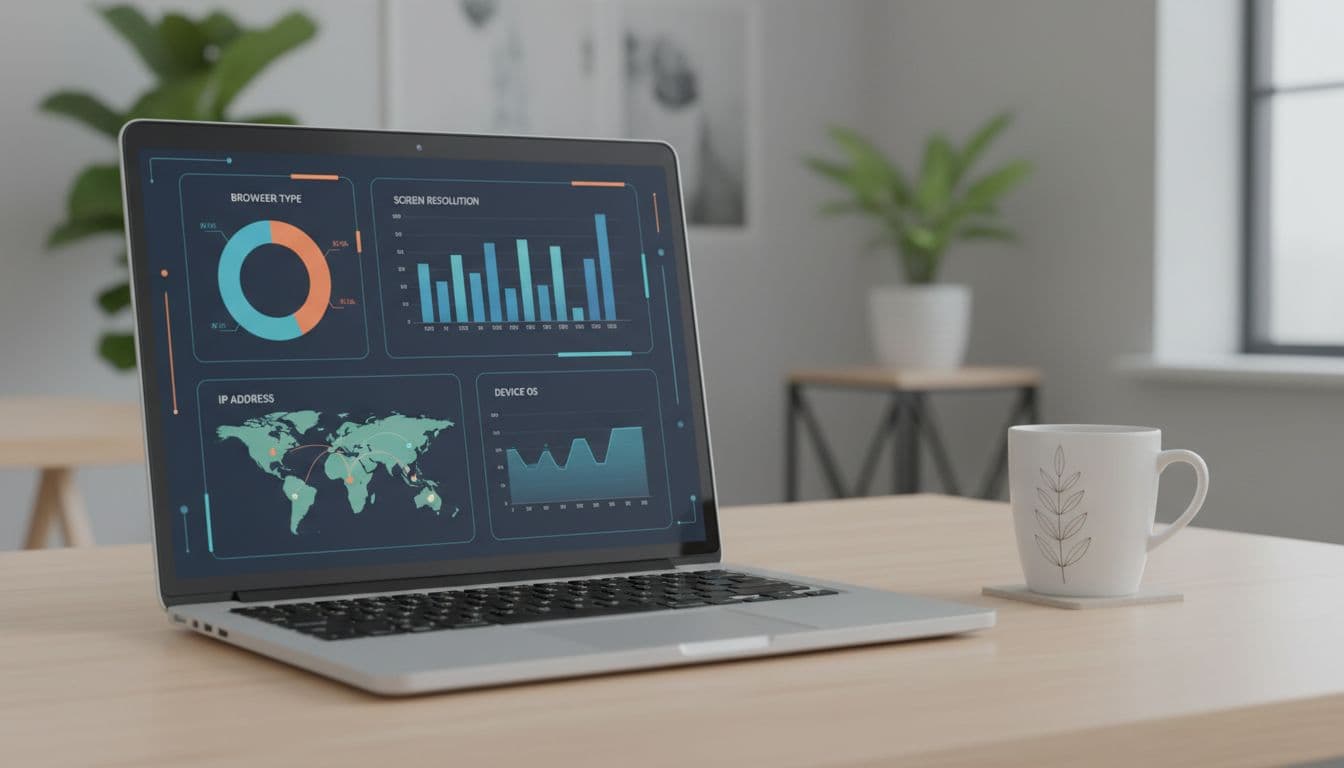 A merchant's dashboard on a laptop screen displays device fingerprinting data including browser type, screen resolution, and IP address in visualized charts, placed on an office desk with a coffee mug nearby in a clean modern setting.