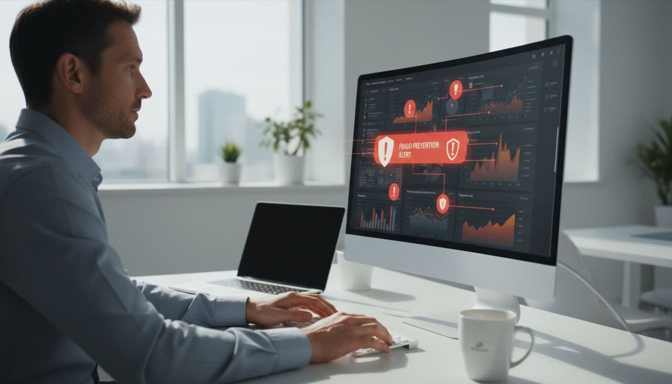 A merchant in a bright office reviews a chargeback alert dashboard on a computer screen, with relaxed hands on the keyboard, one laptop, coffee mug, and focus on fraud prevention notification icons under soft natural light.
