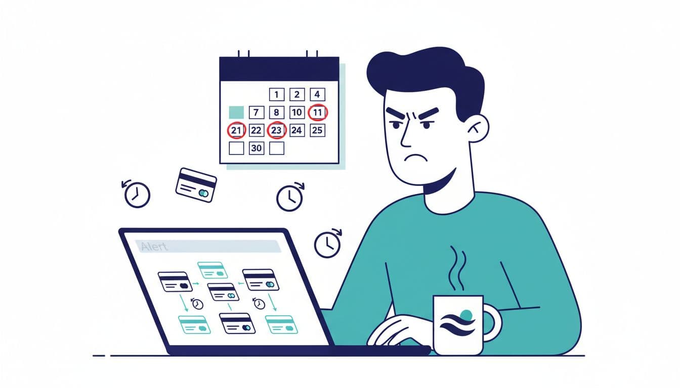 Vector illustration of a stressed merchant at a desk focused on chargeback alerts displayed on an angled laptop screen, with coffee mug, wall calendar, and floating credit card and clock icons in navy and teal tones on white background.
