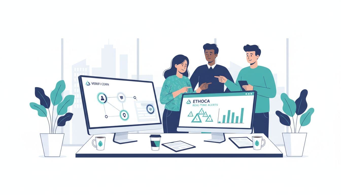 Professional office scene with merchant team discussing chargeback alerts on dual monitors displaying Verifi CDRN dashboard and Ethoca real-time alerts, in a modern fintech environment with plants, windows, and coffee mugs.