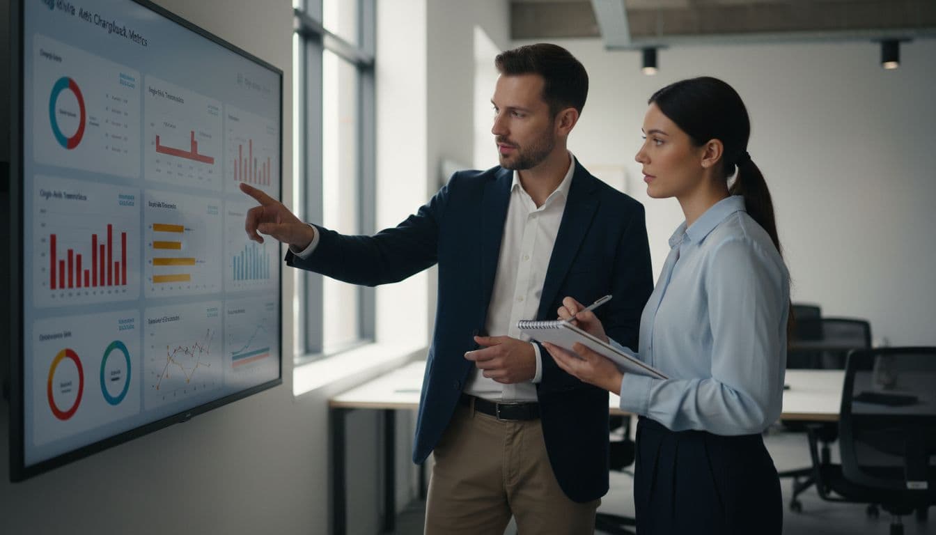 A merchant team in a modern office collaborates by reviewing chargeback alerts on a shared screen displaying a dispute dashboard with graphs; one points to data while the other takes notes.