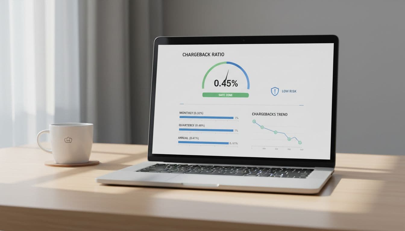 A modern merchant dashboard on a laptop screen shows chargeback ratio metrics and bar graphs under 1% with alert icons, set on a clean office desk with one coffee mug under natural daylight.