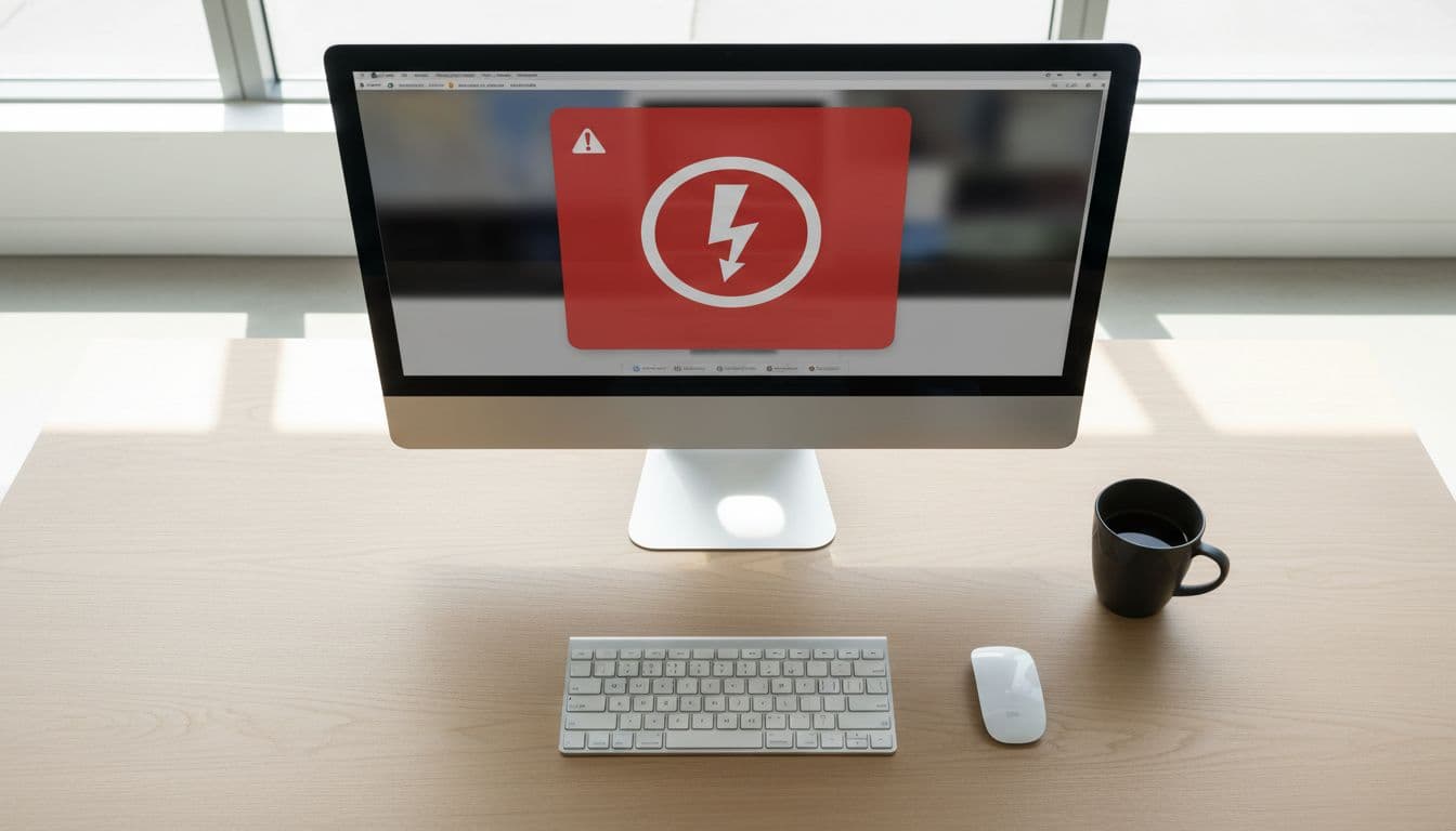 Clean office desk featuring a computer screen displaying a generic payment processing error alert and a nearby coffee mug, captured in a minimal top-down view under bright daylight in realistic modern style.