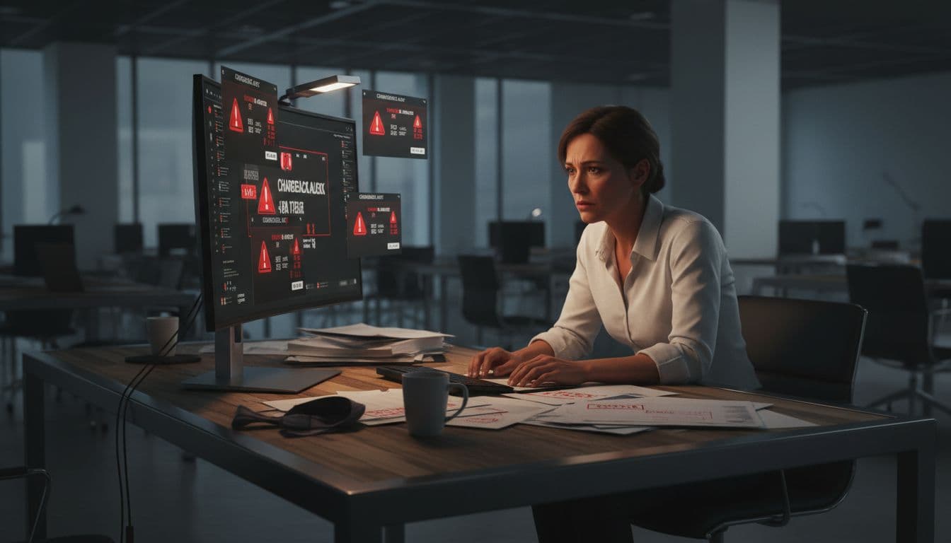 A business owner sits at a desk in a modern office, looking worried at a computer screen showing multiple chargeback alerts and red warning icons, with scattered papers and dim lighting emphasizing stress.