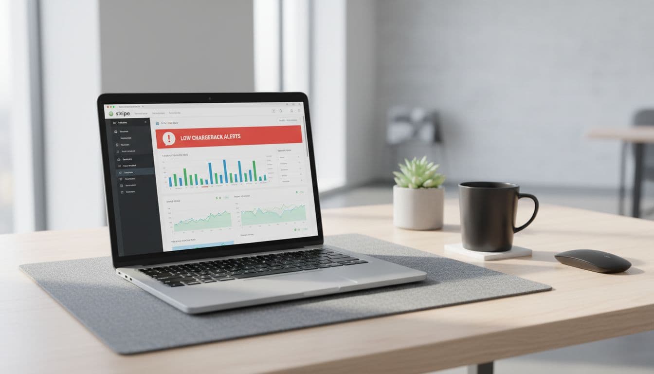 Laptop on modern office desk displays Stripe dashboard showing low chargeback alerts, coffee mug nearby in natural daylight.