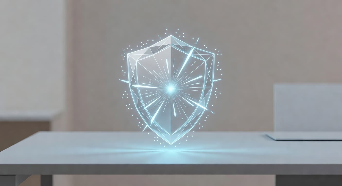 A radiant neon shield icon floats inches above a clean, modern desk surface. The soft blue glow illuminates the smooth workspace, creating a minimalist atmosphere focused on proactive threat protection.