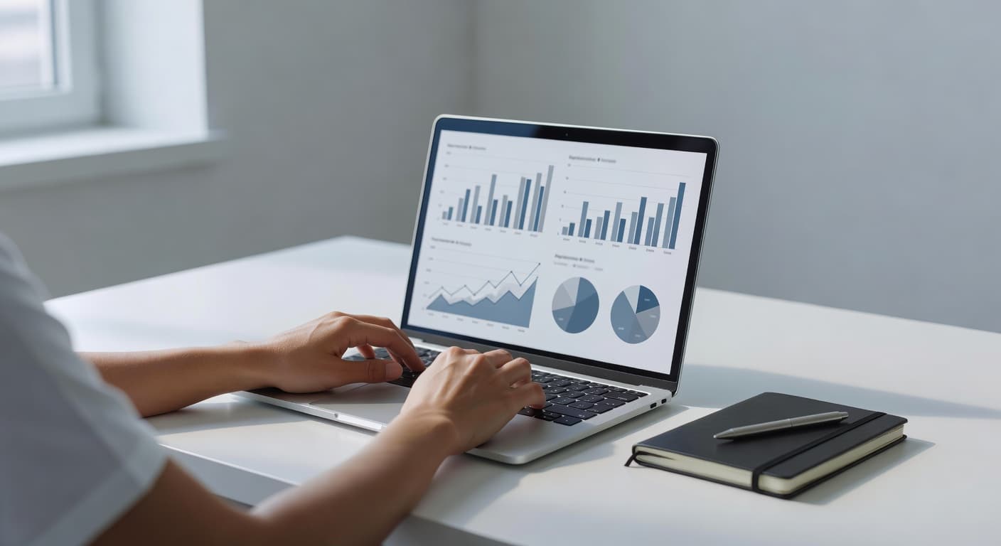 A pair of hands types on a clean laptop keyboard displaying blurred financial analytics charts. Soft natural light illuminates the minimalist workspace, highlighting a focus on payment processing and compliance.