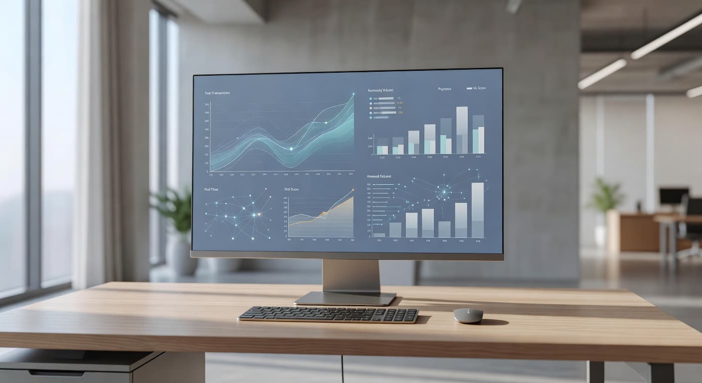 A sleek desk features a single monitor displaying colorful abstract financial charts and data trends. Soft sunlight illuminates the minimalist workspace, highlighting a clean desktop environment arranged for deep analytical focus.
