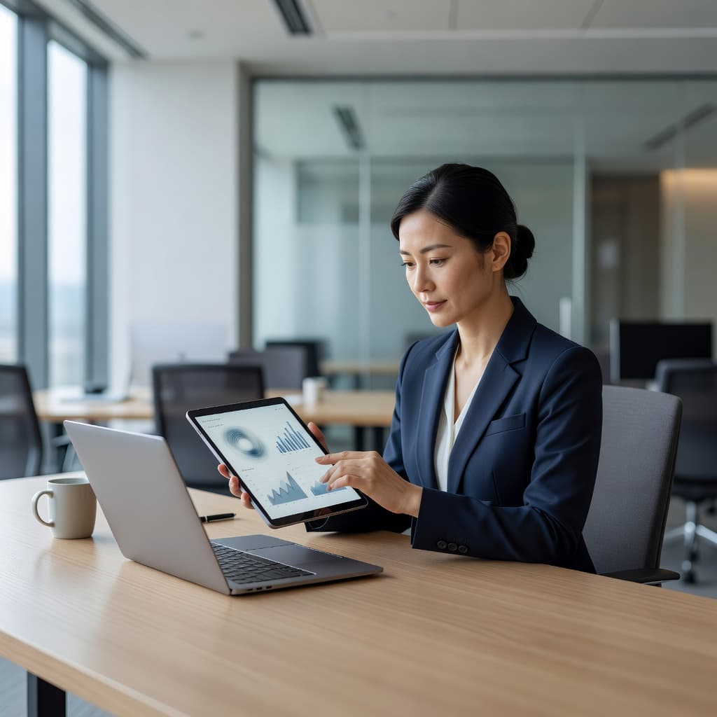 A focused individual in a modern workspace examines financial data on a handheld tablet. The organized desk features clean lines and soft daylight, highlighting an environment ready for strategic business planning.