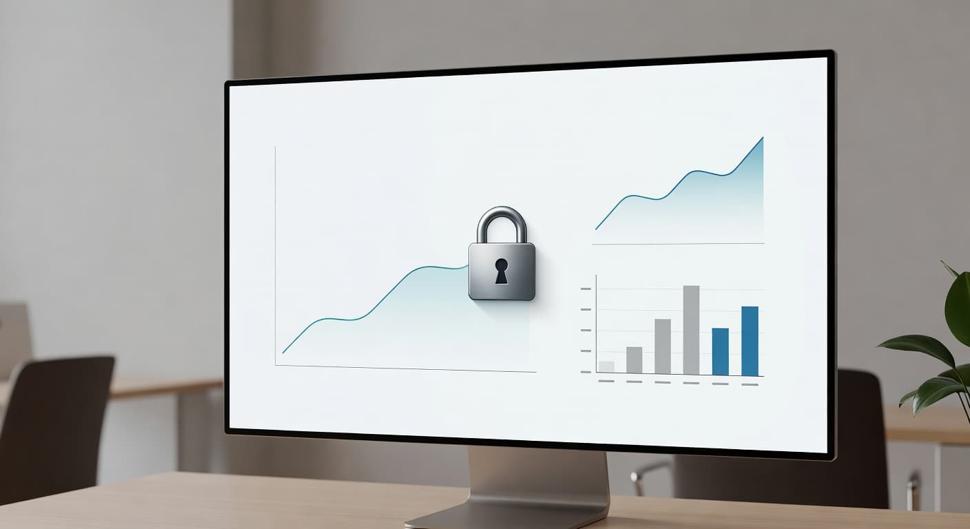 A minimalist computer screen displays vibrant data charts and a glowing padlock icon. The workstation is bathed in soft professional light, conveying a secure environment for processing complex financial transactions.